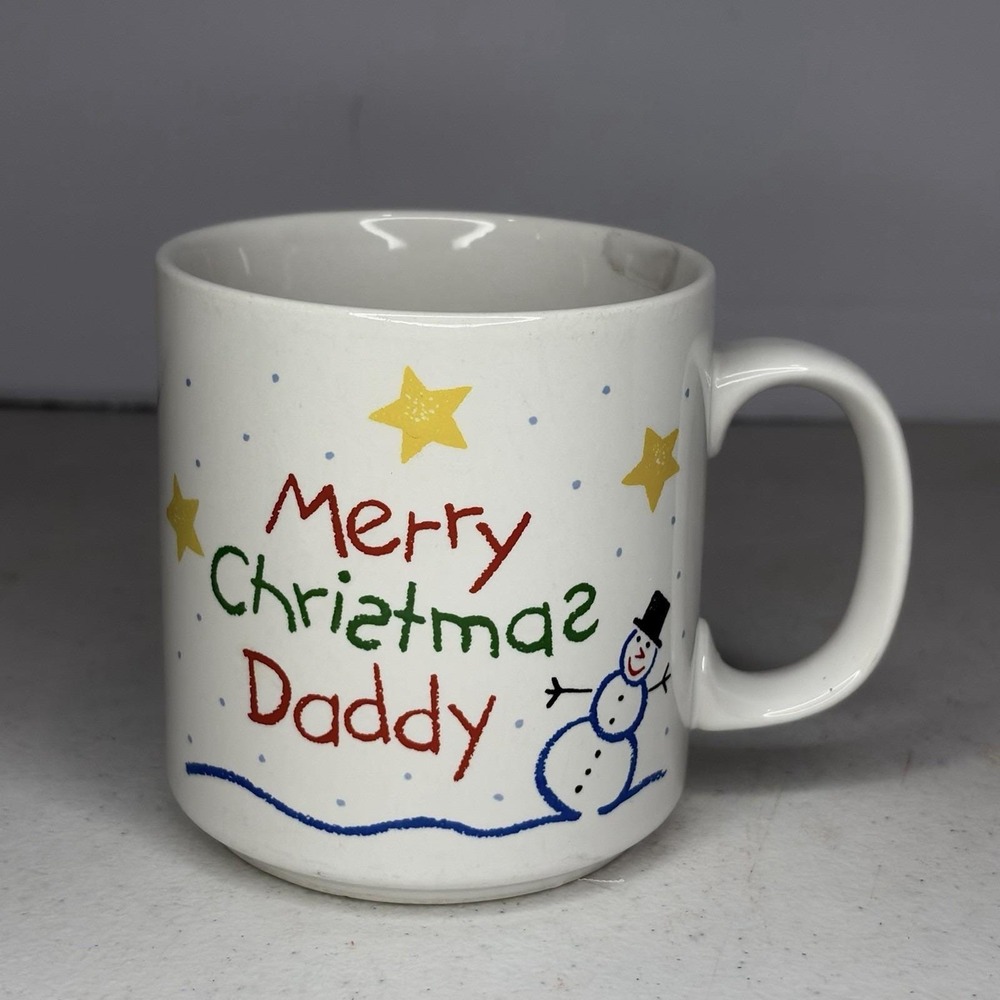 Circa 80s Russ Berrie Merry Christmas Daddy Mug Snowman Stars Ceramic Korea